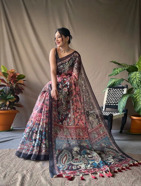 Rosewood_Pink_Soft_Cotton_Kalamkari_Print_Saree_With_Blouse_Piece_Attached
